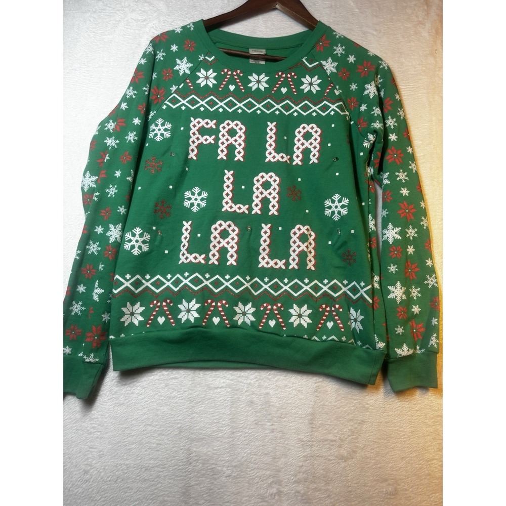 Junior Womens XS Green Light Up Fa Laβ La Christmas Holiday Sweatshirt Ugly